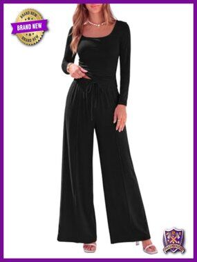 Women's 2 Piece Lounge Set Long Sleeve Crop Top Wide Leg Pants Square Neck